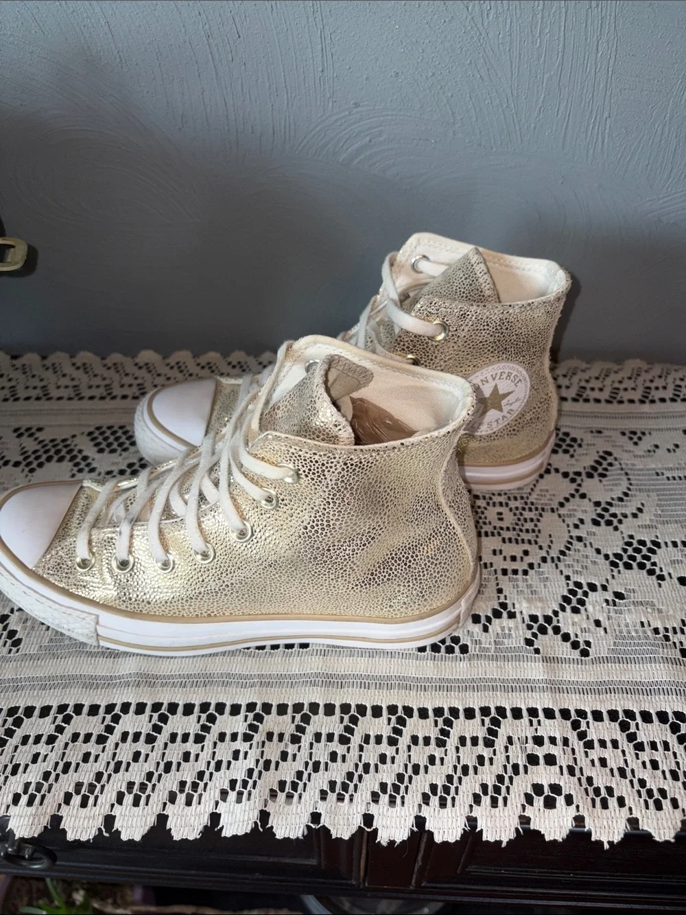 Converse High Top Sneakers in Metallic Gold with White Accents
